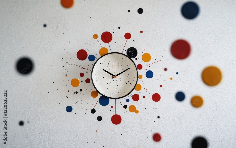 Poster abstract clock design with colorful circles and a minimalist white clock face on a textured off-whit