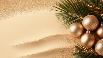 Tropical beach scene with a golden sand backdrop, adorned with elegant holiday lights and ornaments, space for text overlay, holiday announcement design