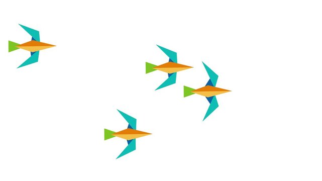 Four colorful origami birds are flying together in formation on a transparent background, with minimalist design