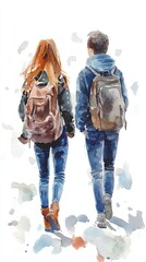 Two friends stroll side by side, backpacks on their shoulders, in a beautiful watercolor style showcasing their bond against a white backdrop