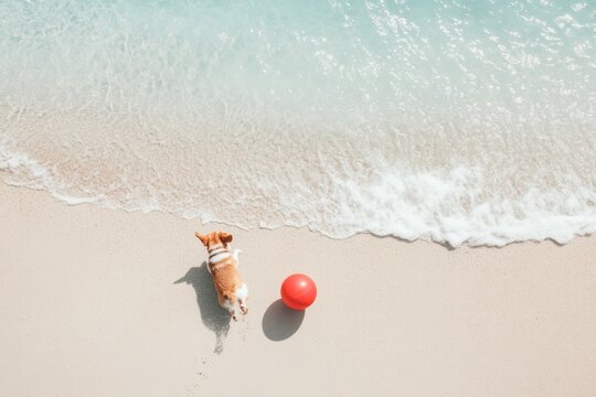 small girl and corgi playing with bright red ball on sunlit beach waves gently rolling in background