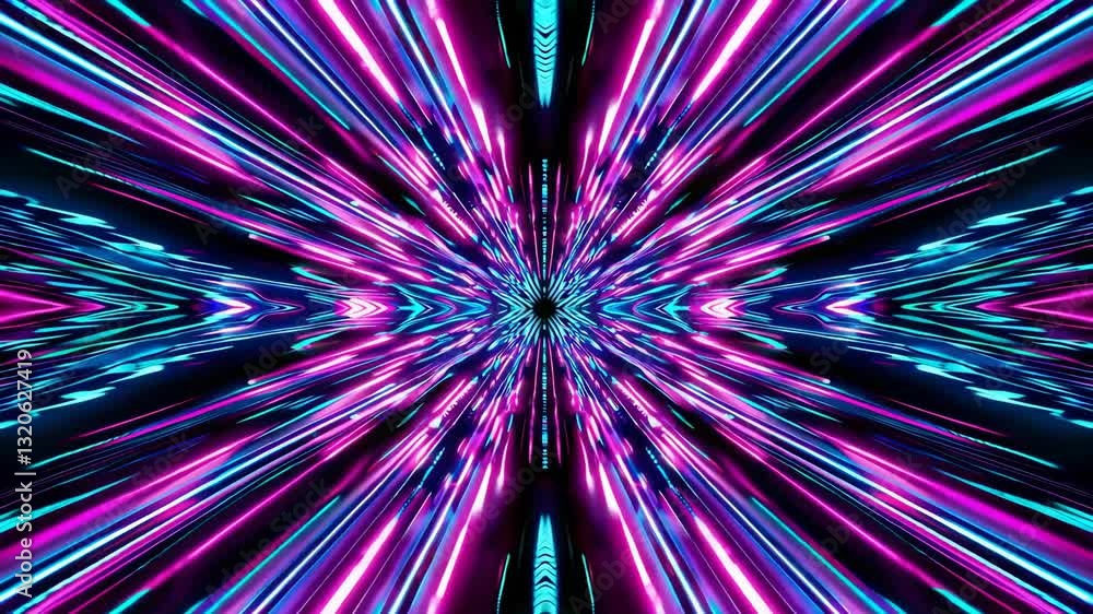 Poster dynamic neon light tunnel journey through futuristic symmetrical patterns