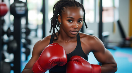 African American confident female boxer with red gloves in gym.