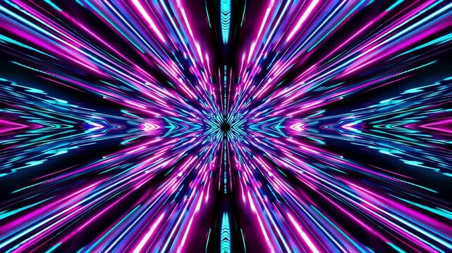 Dynamic neon light tunnel journey through futuristic symmetrical patterns