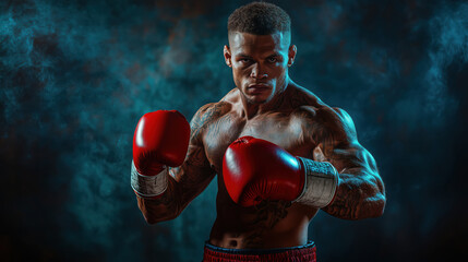 African American or Brazilian handsome male boxer with red gloves in gym.