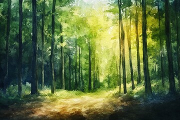 Obraz premium Enchanting Forest Pathway Glowing With Dappled Sunlight and Nature's Tranquility. Generative AI