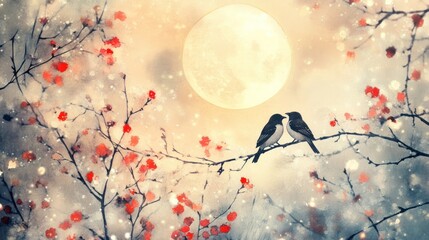 Two small birds share a tender moment under a full moon