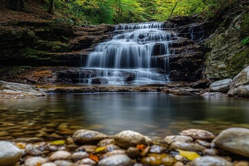 Fototapeta premium Flowing Harmony in Nature's Tranquil Embrace Near a Serene Waterfall. Generative AI