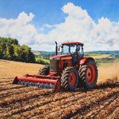 Obraz premium Red tractor plowing farmland