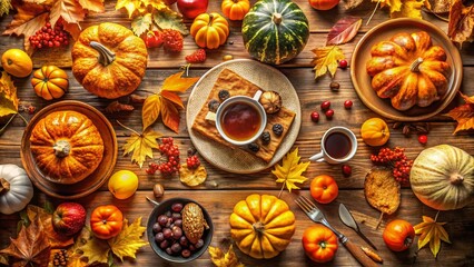 Aerial View of Autumnal Breakfast Table Setting with Warm Colors