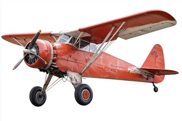 Vintage Red Airplane with Black Wheels and White Background