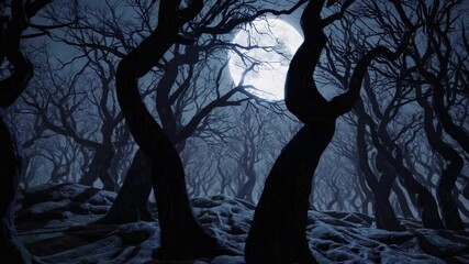 Spooky moonlit forest with twisted trees and haunting shadows eerie nighttime scene - Powered by Adobe