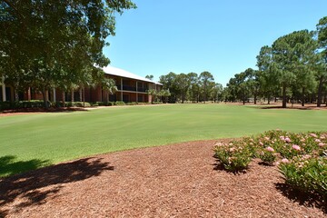 Sunny resort golf course with lush green fairways and brick buildings