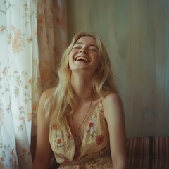 Fototapeta premium Young blonde woman with long wavy hair laughing in nature, wearing a cozy brown sweater. Her joyful expression and the autumn foliage create a warm and relaxed outdoor atmosphere.
