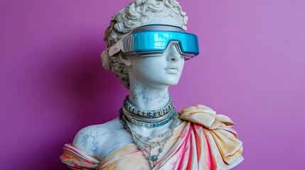 Fototapeta premium A modern reinterpretation of a classical statue wearing futuristic VR goggles against a vibrant pink backdrop