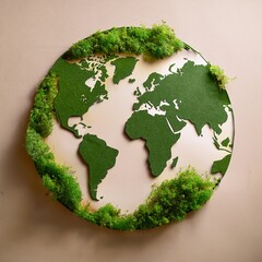Sustainable Earth Concept with Green Moss World Map on Recycled Paper