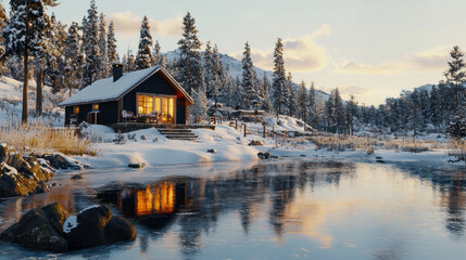 Fototapeta premium serene winter landscape featuring cozy cabin by frozen lake, surrounded by snow covered trees and mountains