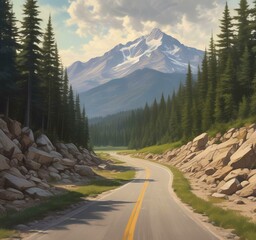 Illustration of road in wild and scenic landscape.