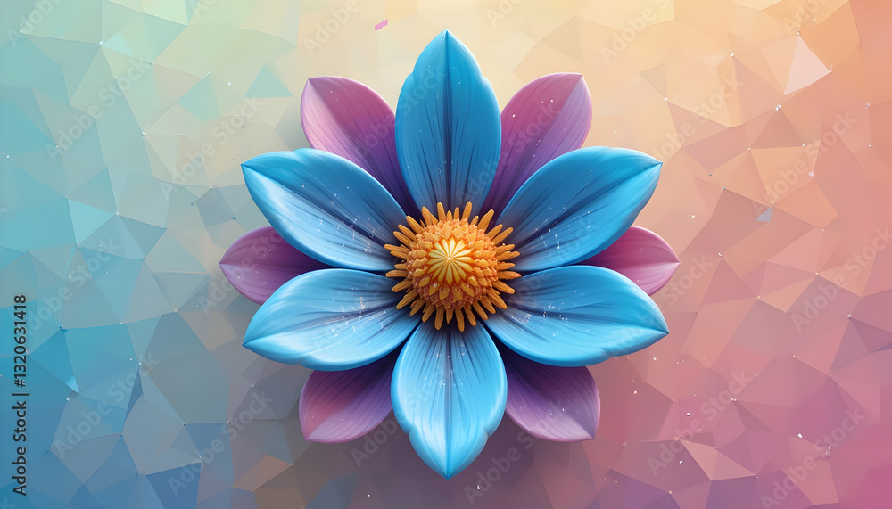 Poster blooming flower with gradient petals on geometric pattern background