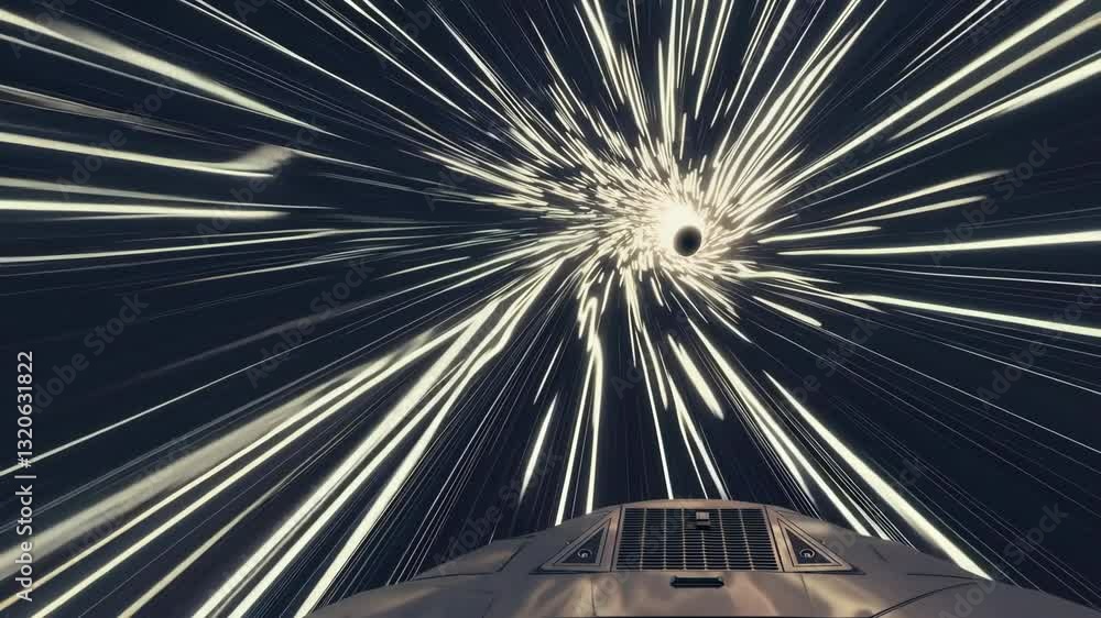 Poster futuristic spaceship travels through hyperspace with light trails and vortex effect