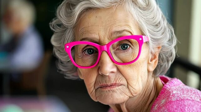 Woman in pink glasses is sitting at a table with a bunch of eggs. She looks sad and is staring at the eggs