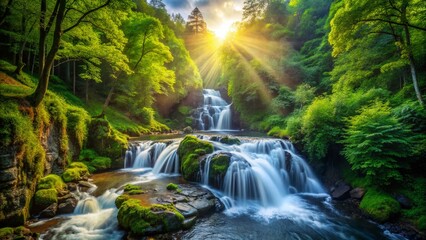 Aerial View of Cascading Waterfall in Lush Green Woodland