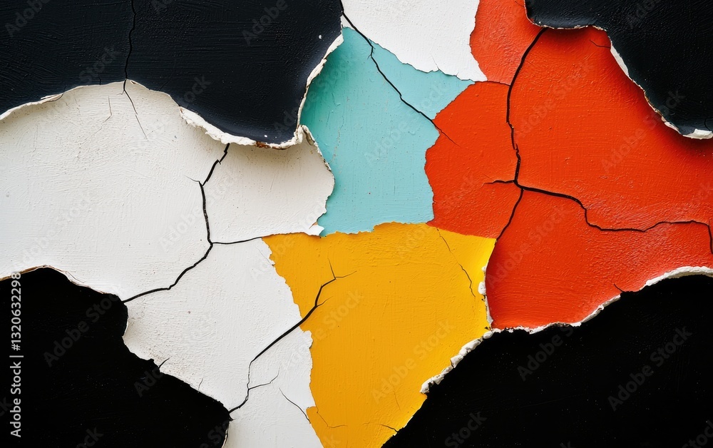 Poster close-up view of a textured surface with peeling paint revealing layers of various colors including 