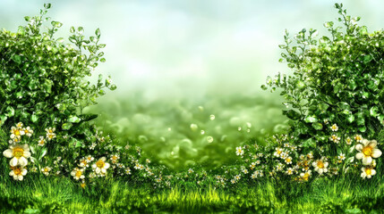 A dreamy and magical meadow covered in green grass and blooming flowers, enveloped in a soft, floating mist creating a mystical and peaceful ambiance.

