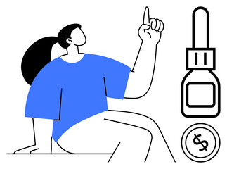 Woman seated and pointing up, card reader and dollar coin symbolizing finance, technology, and decision-making. Ideal for banking, payment systems, budgeting, money management, online shopping