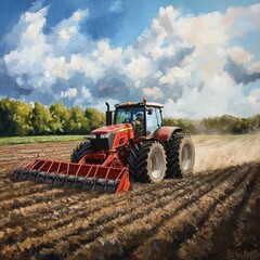 Red tractor plowing farmland