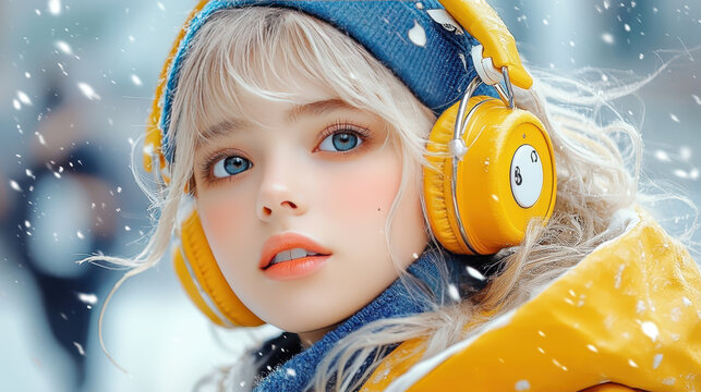 Cosmic gyaru character with yellow headphones and winter attire, surrounded by snowflakes, exuding vibrant and playful vibe