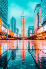 Obraz premium Urban cityscape reflection on wet pavement at dawn