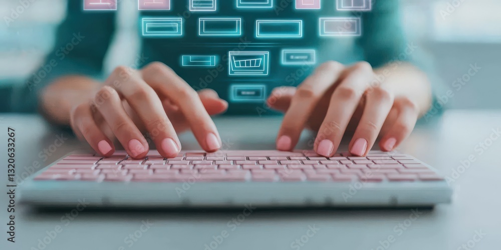 Poster ecommerce platform drop shipping concept. typing on a pink keyboard with digital overlays.