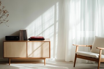 stylish modern living room with sleek red vinyl record spinning on high-end turntable