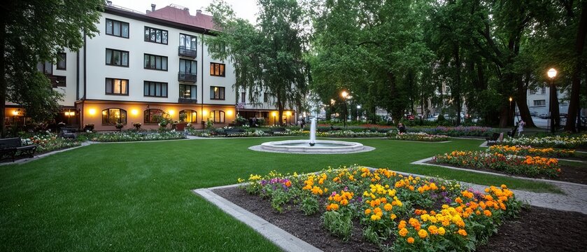 Urban Courtyard with Flowers and Fountain