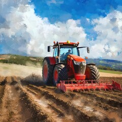 Fototapeta premium Red tractor plowing farmland