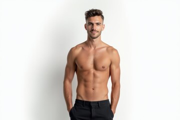 Fototapeta premium Half-Length (Waist-Up) portrait of young stylish smiling Greek male model in punk wear isolated on pure white background looking at camera