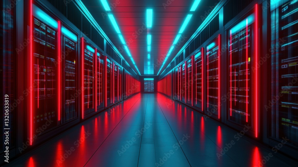 Poster ecommerce platform drop shipping concept. neon-lit server room with rows of servers and vibrant colo