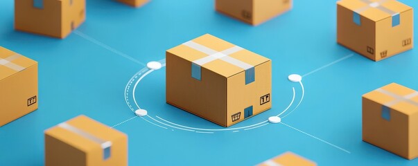 Ecommerce platform drop shipping concept. Boxes arranged on a blue surface with one highlighted in the center.