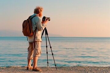 Fototapeta premium A young Caucasian male photographer capturing a sunset by the sea, wearing casual attire with a backpack. Photo Expedition, Lens on Location
