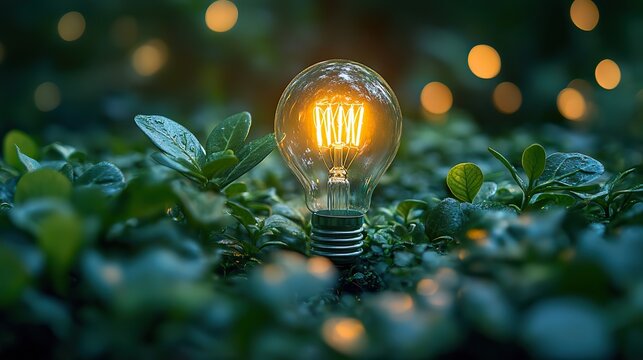 Clear bulb with green leaves represents sustainable energy and eco-friendly conservation initiatives.