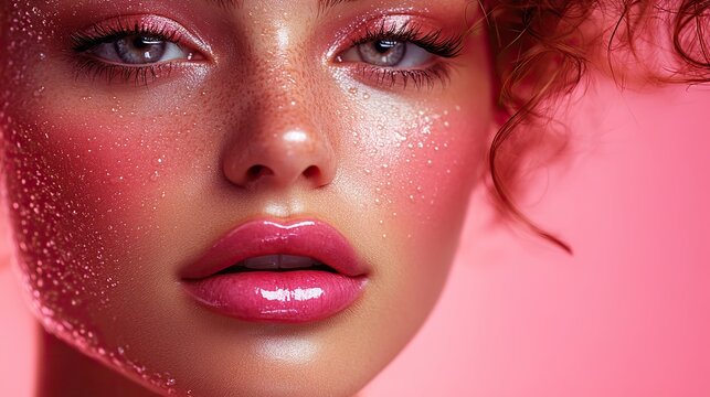 Close-up beauty reveals natural full lips coated in glossy pink gloss against gradient backdrop, embodying glamour and femininity.