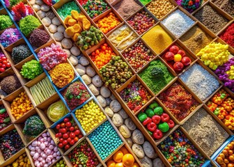 Obraz premium Aerial View of Colorful Candy Display at Outdoor Market