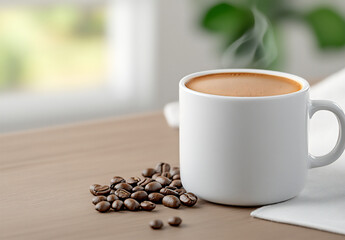 a cup of black coffee with steaming hot beans on the table,