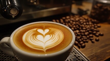 Close-up of a cappuccino with delicate latte art, coffee beans elegantly arranged in the background 

