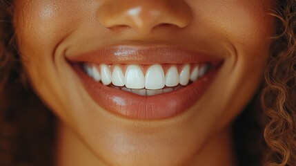 Fototapeta premium Close-up captures radiant smile with bright white teeth and glossy pink lips embodying beauty, health and cosmetic treatments.