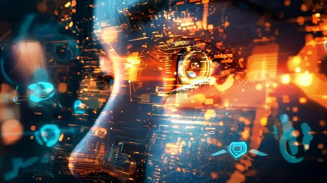 A close-up of a human face illuminated by glowing data patterns, showcasing the fusion of technology and human insight in an abstract representation of AI's impact on society.