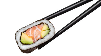 Beautifully Crafted Sushi Roll with Vibrant Salmon Creamy Avocado and Fragrant Rice Artfully Presented and Lifted by Elegant Chopsticks on a Transparent Background