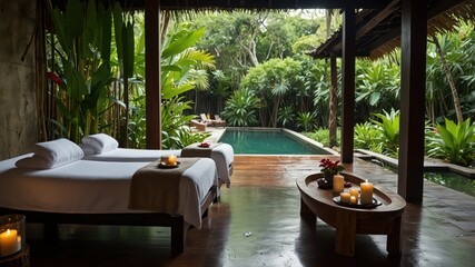Fototapeta premium Tropical Spa Retreat: Serene poolside massage room with relaxing ambiance and lush green surroundings.