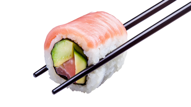 Delicate and 3D Rendered Sushi Roll Held by Elegant Black Chopsticks with Detailed Textures and Soft Natural Lighting Floating on a Transparent Background